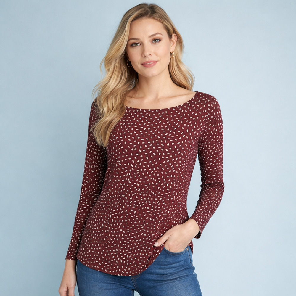 Diane Von Furstenberg Size Large L Sarita Burgundy Print Long Sleeve Silk Top